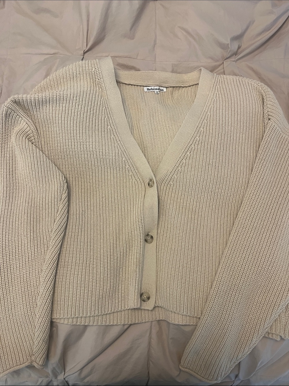 Reformation Beige Ribbed V-Neck Cardigan